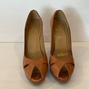 Stuart Weitzman women genuine leather peep toe platform heels, size 7M